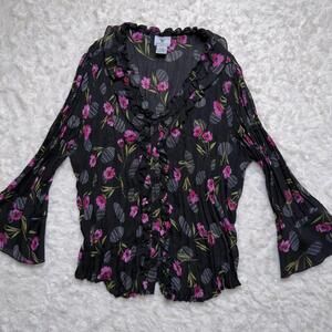 Y2K Black Floral Ruffled Sheer Bell Sleeve Blouse Petite XL